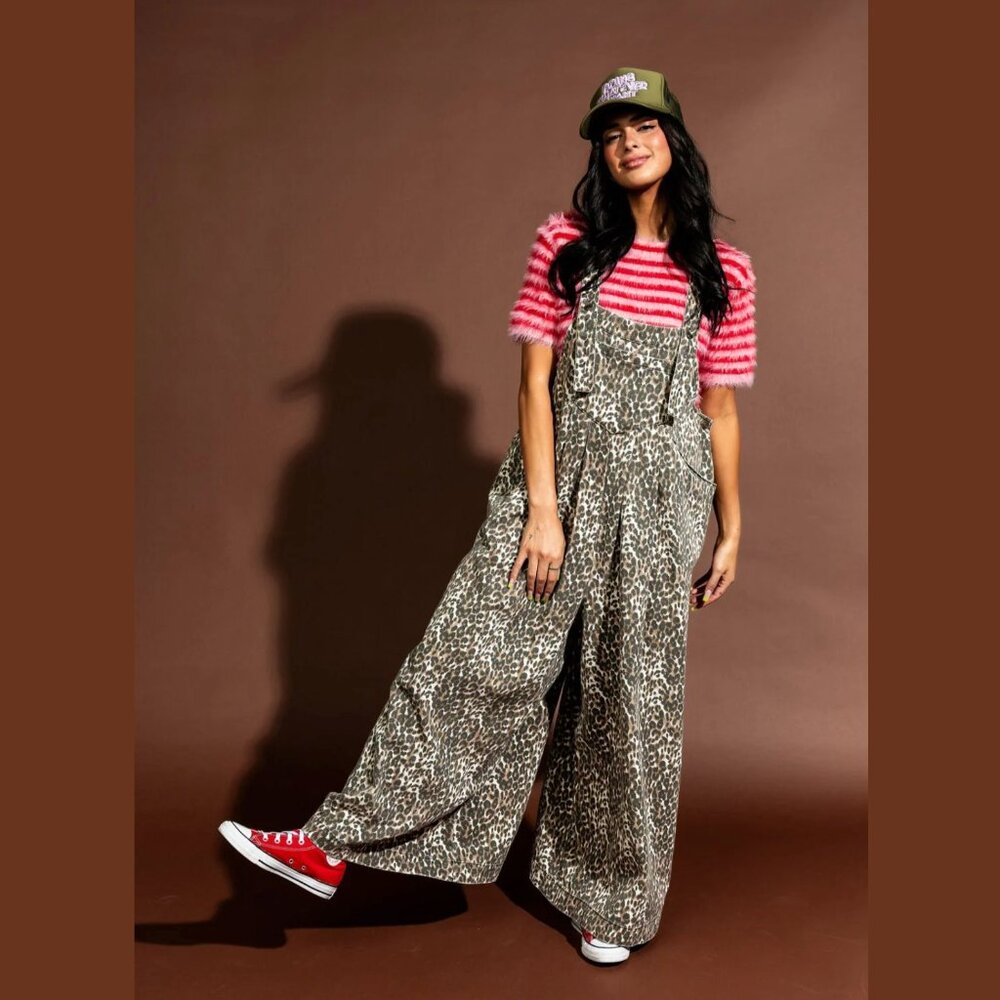 NWT Dressed in Lala Big Feelings Vintage Leopard Oversized Denim Overalls, XL